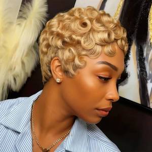 lot 20155 image: showreal Pixie Cut Wigs Human Hair for Black Women Honey Blonde Lightweight Glueless Natural Black Layered Pixie Wig Short Pixie Cut Wigs (025-27)