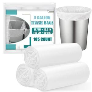 lot 20156 image: Small Trash Bags 4 Gallon - 105 Count 4 Gallon Trash Bag, Unscented Small Garbage Bags Bathroom Trash Bags, White 4 Gal Small Trash Can Liners (Open Box, Missing Pieces)