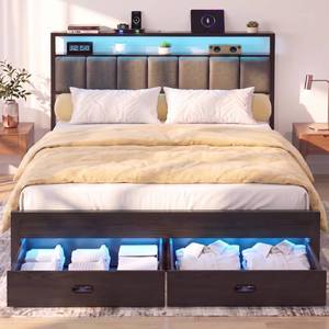 lot 1630 image: Aelawe Queen Bed Frames with Storage Drawer, Platform Bed with Charging Station and LED Lights, Upholstered Headboard with 2-Tier Storage Shelves, No Box Spring Needed