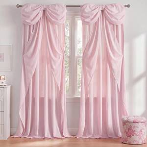 lot 1689 image: HunnmingRe Pink Oversized Bow Top Sheer Curtains 52w x 96l 2 Panels