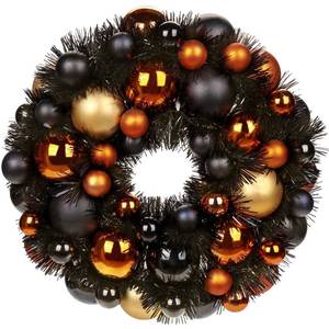 lot 1700 image: Halloween Black Ball Wreath 13 Xmas Wreaths Ornaments Glitter Thicken Shatterproof Garland Decoration for Door Wall Mantel Christmas Holiday Party Decor, Orange & Black & Gold