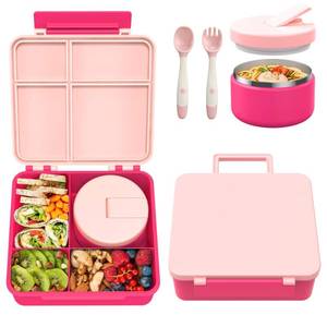 lot 1701 image: Pawtong Bento Lunch Box with 8oz Soup Thermo, Kids Leakproof Lunch Food Containers with 4 Compartment, Kids Thermo Insulated Hot Food Jar for School, Trvael - (Pink)