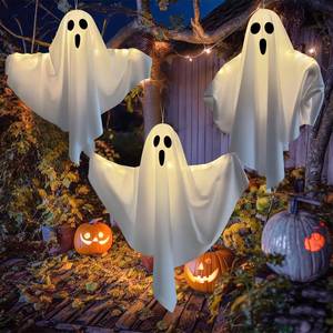 lot 2030 image: 3 Pack Light Up Hanging Ghosts Halloween Decorations, 22.5 White Hanging Ghost Decor for Outdoor Yard Porch Patio Garden, Battery Operated Halloween Party Decorations