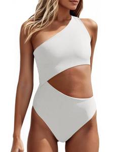 lot 2425 image: Fisoew Womens One Piece Ribbed Swimsuit One Shoulder Cutout Swimwear Sexy Bathing Suit White s