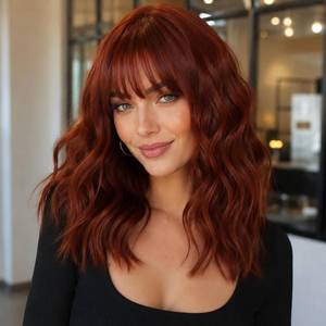 lot 2429 image: joyhoney Ginger Red Bob Wig For Women Heat Resistant Synthetic Shoulder Length Loose Wavy Wig With Bangs Curly Bob Wigs Medium Length 14inch (Ginger Red Color)
