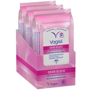 lot 2436 image: Vagisil Odor Block Daily Freshening Wipes for Feminine Hygiene in Resealable Pouch, Gynecologist Tested & Hypoallergenic, 20 Wipes (Pack of 3)