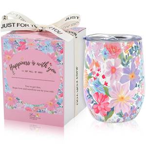 lot 2456 image: A 12oz Floral Insulated Wine Tumbler with Lid, Small Birthday Gift for Women