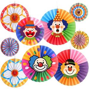 lot 2463 image: Outus 13 Pcs Circus Themed Paper Fans with Clown Face Cutouts