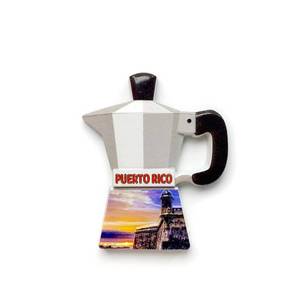 lot 2481 image: Puerto Rico Souvenir Coffee Pot Magnet, Silver and Black, Lighthouse Scene at Sunset, 9x7.5cm