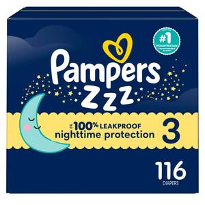 lot 9828 image: Pampers ZZZ Overnight Diapers, Size 3 (13-26 lbs), 116 Count, Nighttime Protection Disposable Baby Diaper