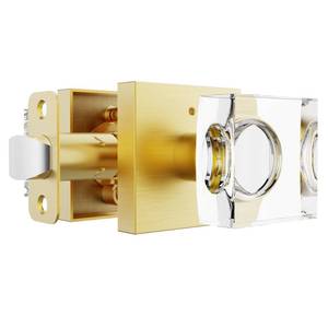 lot 9840 image: Brushed Gold Door Knob Privacy Crystal Glass Interior Lock, Satin Brass Modern Square Bedroom Bathroom Lockable Door Handle