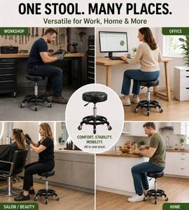 lot 9881 image: Adjustable Rolling Stool with Upgraded Smooth & Quiet Bearing Rubber Wheels, Class-3 Gas Lift, Heavy Duty Swivel Work Seat with PU Leather Cushion, 18-23 Height for Garage, Salon, Office & Workshop