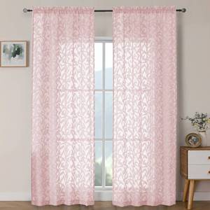 lot 10247 image: OWENIE Leyna Blush Pink Sheer Curtains 90 Inches Long for Bedroom 2 Panels Set, Light Filtering Jacquard Clip Textured Long Semi Living Room Curtains, Airy Leaves Rod Pocket Drapery, 40Wx90L Inch