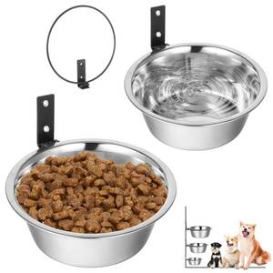 lot 10254 image: 2 Pcs Wall Mounted Dog Bowl, Wall Mounted Pet Feeding Bowls, Elevated Pets Bowls, Adjustable Heights Hanging Stainless Steel Dog Food and Water Bowl with Foldable Stand Holder