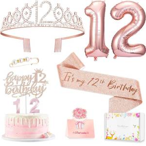 lot 10287 image: 12th Birthday Decorations for Girls, Crown Sash Cake Topper Candle Set