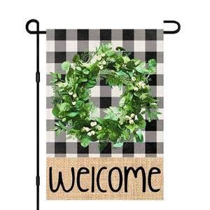 lot 10295 image: Welcome Spring Garden Flags for Outside 12x18 Double Sided Burlap, Buffalo Plaid Wreath Seasonal Sign Small Yard Flag Farmhouse Holiday Outdoor Decor DF568
