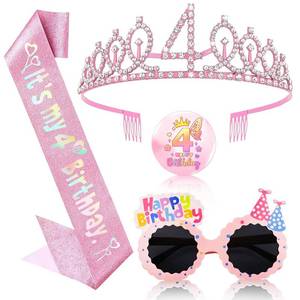 lot 10298 image: OLOSONG 4th Birthday Decorations for Girls - 4 Pcs Glitter Sash and Crown Kit with & Badge, Happy Birthday Sunglasses, 4 Year Old Birthday Party Outfit Accessory