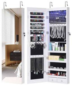lot 13679 image: GISSAR Full Length Mirror Jewelry Cabinet, 6 LEDs Jewelry Armoire Wall Mounted Over The Door Hanging, Jewelry Organizer Storage with Lights Lockable White