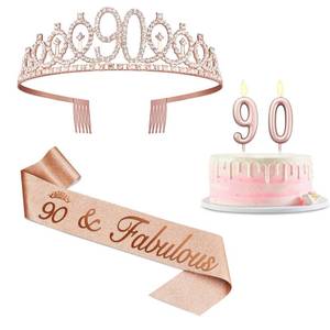 lot 14410 image: 90th Birthday Decorations for Women Rose Gold Tiara Sash Candle