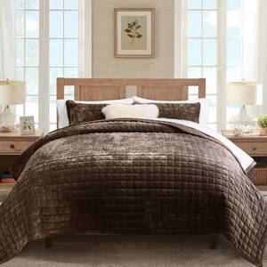 lot 17527 image: RECYCO Channel Box Stitch Velvet Quilt Set, King, Walnut