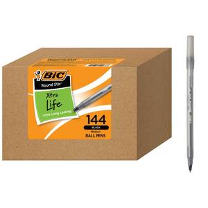 lot 17582 image: BIC Round Stic Xtra Life Ballpoint Pens, 144-Count Black