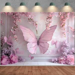 lot 18344 image: Pink Princess Flower Butterfly Vinyl Backdrop 7x5ft