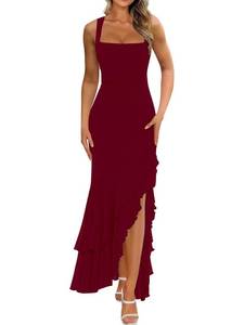 lot 18366 image: BORIFLORS Womens Bodycon Maxi Dress, M, Wine Red