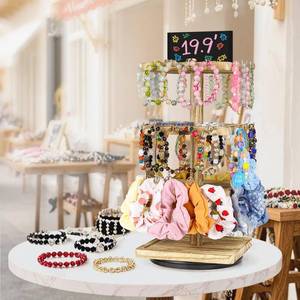 lot 19797 image: LadyRosian 3-Tier Wooden Rotating Jewelry Display Stand  Bracelet & Keychain Organizer with Advertising Board  48 Hooks Rustic Holder for Vendor Booth & Stores (3-Tier Square Slot Display)