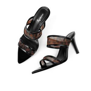 lot 19799 image: vivianly Pointed Toe Leopard Stiletto Heel Sandals Strap High Heels Slip on Mules for Women Size 8.5