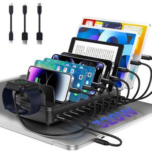 lot 19800 image: 320W Charging Station for Multiple Devices, 10 Ports Fast Multi-Device Charger Organizer Compatible with MacBook Pro Laptop, iPhone, Android, Ipad, Tablet, Kindle, Multi-Device Charging Dock��Black��