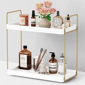 lot 19809 image: Forbena White and Gold Bathroom Counter Organizer, 2 Tier Makeup Vanity Organizer Countertop, Bathroom Sink Skincare Shelf Tray Organizers and Storage for Perfumes Lotions Kitchen Coffee Bar Decor
