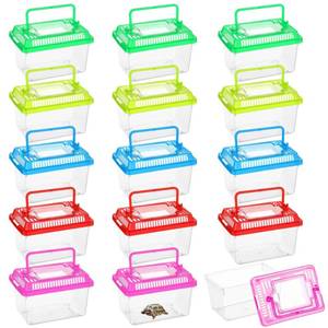 lot 19835 image: 15 PCS Plastic Reptile Terrarium Carrier Cage, Portable Transparent Aquarium Box with Slotted Ventilation Holes for Turtle, Snake, Spider, Breeding, Hatching, Fish, 5 Colors Lid, 5 x 3.4 x 3.4 in