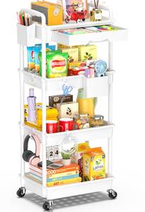 lot 19839 image: SUNALLY 4 Tier Rolling Cart with Drawer, Craft Storage Cart Organizer,White