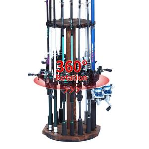 lot 19845 image: Lnmuzm 360° Rotating Natural Wood Fishing Rod Holder, Round Floor-Standing Fishing Rack Stores 16 Rods, Fishing Pole Storage Organizer for Garage, Basement, or Shed, Easy to Install