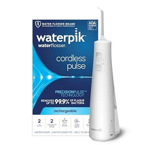 lot 20222 image: Waterpik Cordless Pulse Rechargeable Portable Water Flosser for Teeth  Gums  Braces Care and Travel with 2 Flossing Tips  Waterproof  ADA Accepted  WF-20 White