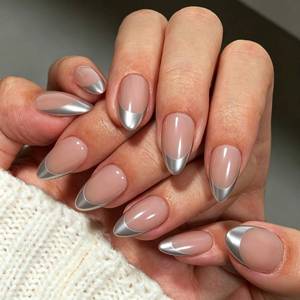 lot 20224 image: KQueenest Sliver French Tip Press On Nails Short Almond, 24 Pcs Acrylic Press On Nails With Glue, Glossy Soft Gel Short Fake Nails Press ons, Reusable Natural Nude Glue on Nails for Women Weddings