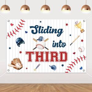 lot 20321 image: Baseball 3rd Birthday Backdrop Banner 4.923.28ft Red Blue Sliding Into Third Photography Background for Boys Sports Ball Baseball Third Birthday Decor Sports Game Three Years Old Bday Party Supplies