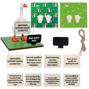 lot 20328 image: Magnetic Goose Key Holder, 7 Inch Desk Goose Statue with 2 Wooden Base & 8 Funny Quotes Signs, Kawaii Room Home Office Table Desk Decor, Valentine, New Apartment Housewarming Gifts (Foot Broken)