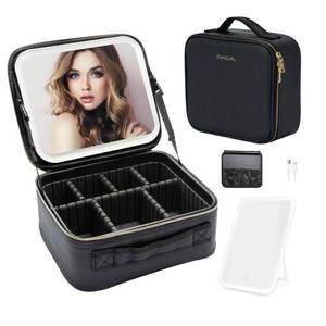 lot 1751 image: ZhenGuiRu Travel Makeup Bag with LED Mirror �� Waterproof Cosmetic Train Case with Adjustable Dividers, Portable Makeup Organizer and Toiletry Bag for Women, Teens & Girls Gift, Black