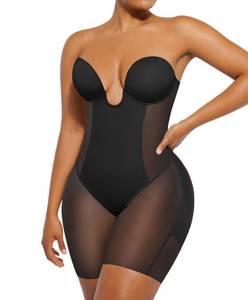 lot 1755 image: SHAPELLX Strapless Shapewear Bodysuit Deep Plunge Tummy Control, Black M