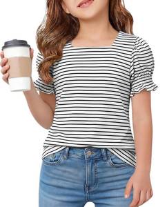 lot 2124 image: FREELYVE Girls Summer Tops Striped Square Neck T-Shirt Puff Short Sleeve Soft Knit Casual Tees,White,8-9Y