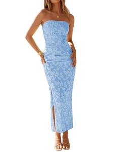 lot 2127 image: ZESICA Womens Summer Strapless Floral Ruched Maxi Formal Dress Blue XS