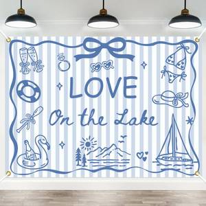 lot 2129 image: Camping Bachelorette Party Decor, Love On The Lake Banner Backdrop, Blue Coastal Lake Bridal Shower & Engagement Party Decorations 7x5ft