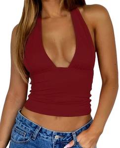 lot 2150 image: ForeFair Women Sexy Halter Deep V Neck Backless Crop Tank Top Open Back Sleeveless Slim Fit Y2k Summer Tops(Burgundy,M)