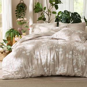 lot 7827 image: Bedsure Floral Beige Queen Comforter Set, 7-Piece