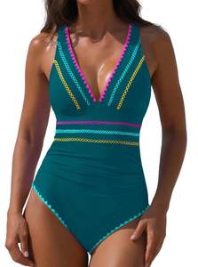 lot 8213 image: Popvil One Piece Swimsuit Deep V Neck Color Block