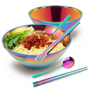 lot 9908 image: Buyer Star 304 Stainless Steel Ramen Bowl Set, Premium Non-Slip Soup Bowl with Spoons and Chopsticks, Japanese Soup Bowl For Pasta Udon Asian Noodles, 600 ml Bowl 18186.3cm -2 Sets (6 pcs) Rainbow