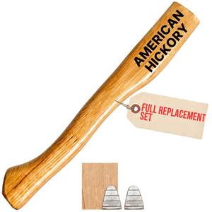 lot 9918 image: 1 Pack American Hickory Axe Handle Replacement for 14 Axes that use 1-14 Pound Heads Complete Set with Wooden and Steel Wedges - Hatchet Handle Replacement - Hickory Hatchet Handle Replacement Axe