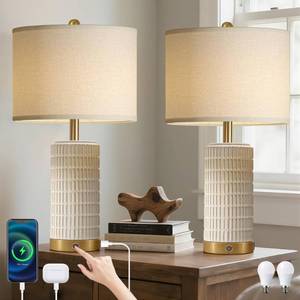 lot 9920 image: Touch Table Lamps Set of 2 with USB-C Ports - 25Ceramic Bedside Lamp for Bedroom - Modern Farmhouse Dimmable Lamp for Living Room - White and Gold Boho Nightstand Light for Home Decor and Lighting