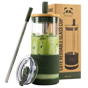 lot 9934 image: Pandaloo� Glass Cups With Lids and Straws -20 Fl Oz- Perfect Size Iced Coffee Cup - Smoothie Cup With Bamboo Lid and On the go Lid - Glass Tumbler With Straw (1 Count (Pack of 1), Mediterranean Olive)
